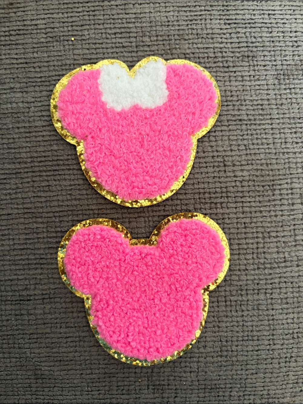 Pink  Mickey and Minnie Chenille Iron On Patch Set with Gold Trim